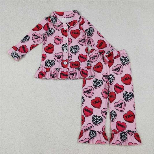12.13 RTS NO MOQ （In stock）GLP2843 Baby Girls Pink Checked Hearts Button Top Pants Valentine Pajamas Sets