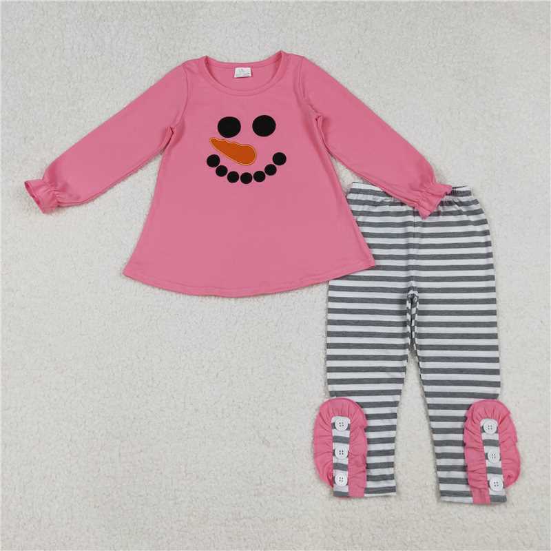 12.8 RTS NO MOQ （In stock）GLP2728 Embroidery Snowmen Baby Girls Tunic Stripe Leggings Pant Christmas Set