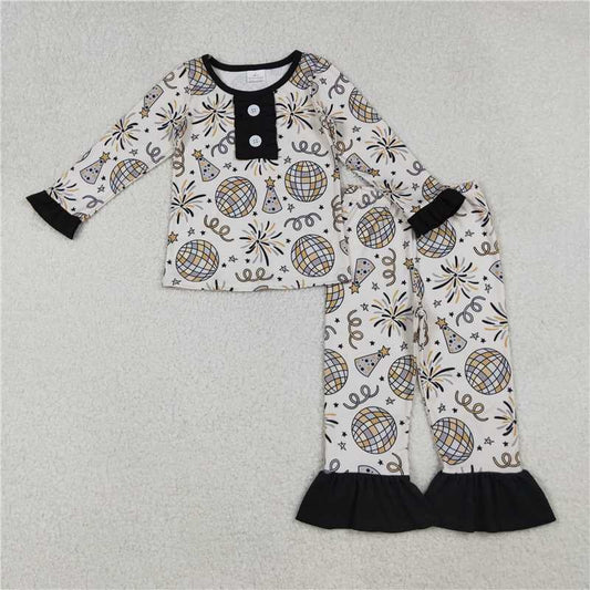 11.6 RTS NO MOQ （In stock）Matching Happy New Year GLP2563 Baby Girls Happy New Year Button Top Ruffle Pant Pajamas Sets