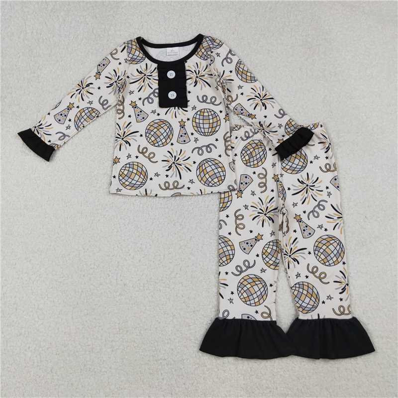 12.17 RTS NO MOQ （In stock）GLP2563 Baby Girls Happy New Year Button Top Ruffle Pant Pajamas Sets