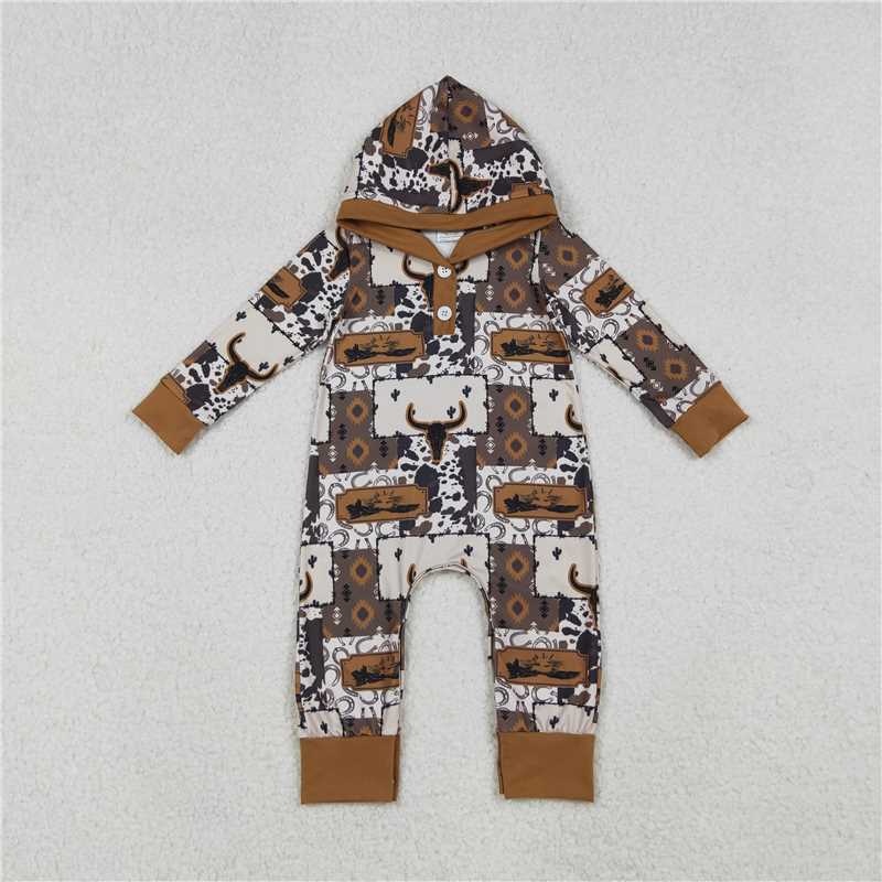 11.4 RTS NO MOQ （In stock）Matching LR2592 Baby Boys Brown Aztec Bull Skulls Western Hoodie Footie Rompers