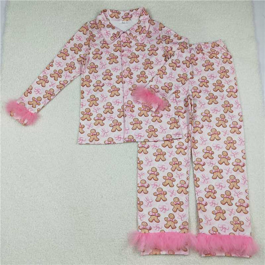 10.20 RTS NO MOQ （In stock）Matching Christmas GLP2716 Adult Women Bows Gingerbread Button Top Pants Christmas Fur Pajamas Set