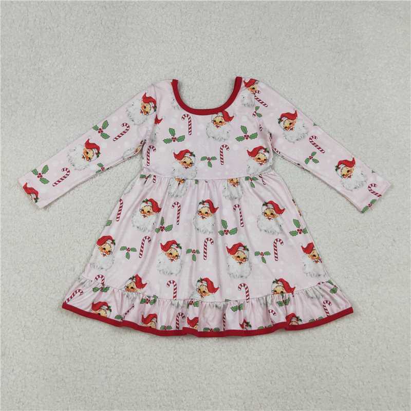 11.19 RTS NO MOQ （In stock）GLD1251 Baby Girls Santa Holly Candy Cane Christmas Ruffle Knee Length Dresses
