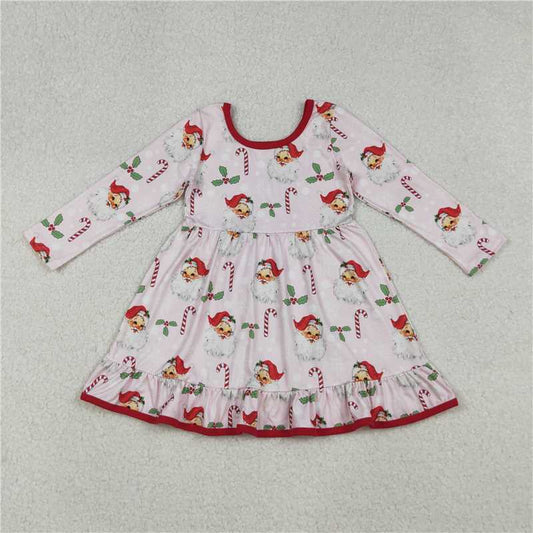 11.19 RTS NO MOQ （In stock）GLD1251 Baby Girls Santa Holly Candy Cane Christmas Ruffle Knee Length Dresses