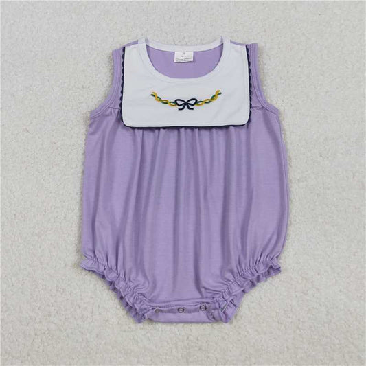11.8 RTS NO MOQ （In stock）Matching Mardigrass SR3235 Embroidery Bows Baby Girls Sleeveless Mardigrass Ruffle Rompers