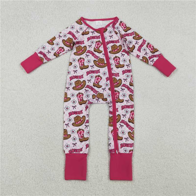 12.5 RTS NO MOQ （In stock）Matching LR2516 Baby Girls Western Howdy Boots Two Way Zip Convertible Rompers
