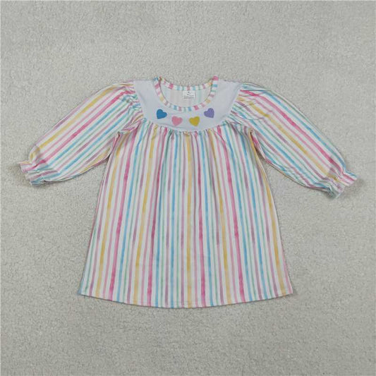 12.2 RTS NO MOQ （In stock）Matching Valentine GLD1335 Embroidery Hearts Baby Girls Colorful Stripes Valentine Knee Length Dresses