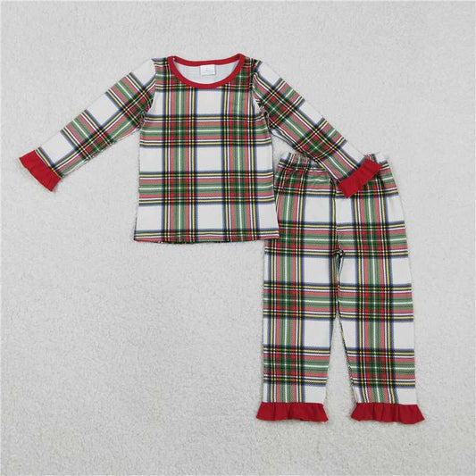 12.4 RTS NO MOQ （In stock）GLP2829 Baby Girls Green Red Checked Top Ruffle Pants Christmas Pajamas Sets
