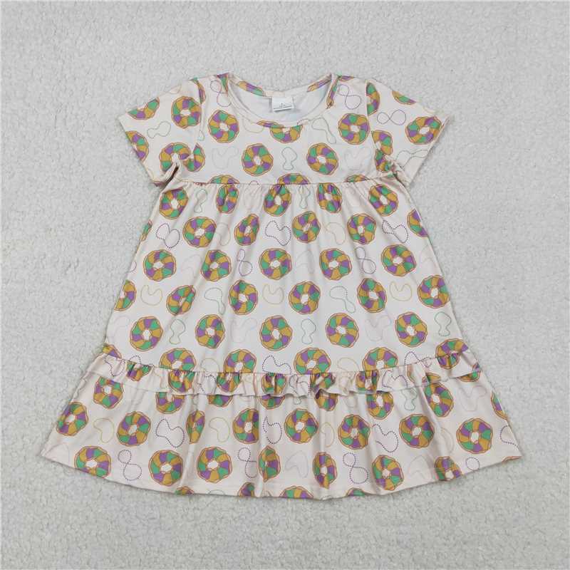 12.17 RTS NO MOQ （In stock）GSD2838 Baby Girls Mardigras Donuts Ruffle Knee Length Dresses