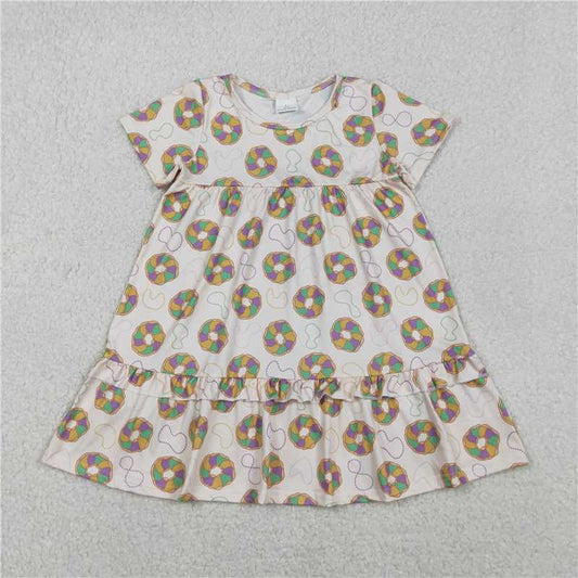 12.17 RTS NO MOQ （In stock）GSD2838 Baby Girls Mardigras Donuts Ruffle Knee Length Dresses