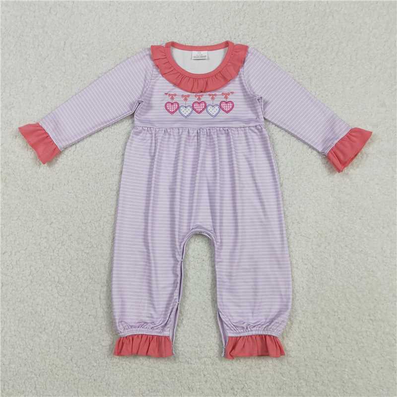 12.16 RTS NO MOQ （In stock）LR2706 Embroidery Bows Hearts Baby Girls Pink Stripe Valentine Ruffle Collar Rompers