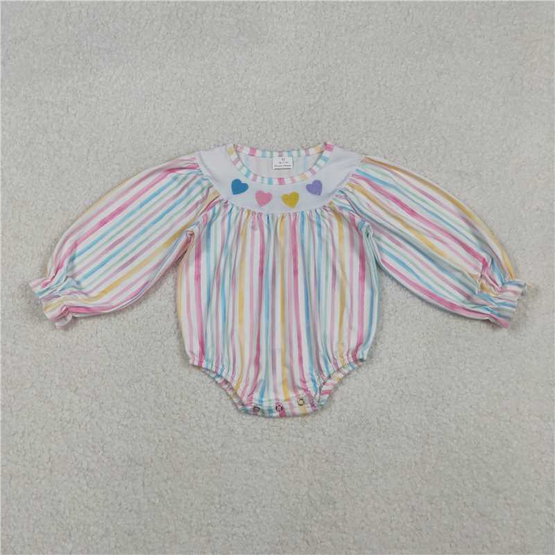 12.2 RTS NO MOQ （In stock）Matching Valentines LR2695 Embroidery Hearts Baby Girls Colorful Stripe Valentine Ruffle Rompers