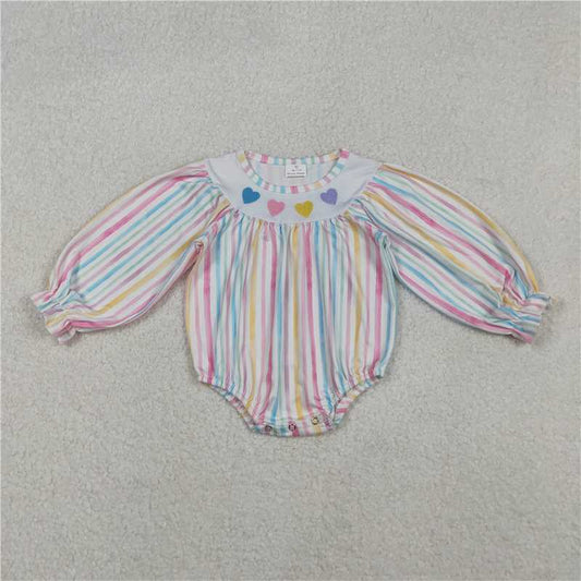 12.2 RTS NO MOQ （In stock）Matching Valentines LR2695 Embroidery Hearts Baby Girls Colorful Stripe Valentine Ruffle Rompers