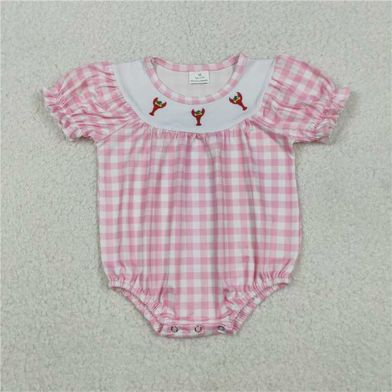 12.18 RTS NO MOQ （In stock）SR3256 Embroidery Anchors Crayfishes Baby Girls Mardigras Checked Ruffle Rompers