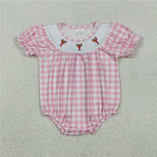 12.18 RTS NO MOQ （In stock）SR3256 Embroidery Anchors Crayfishes Baby Girls Mardigras Checked Ruffle Rompers