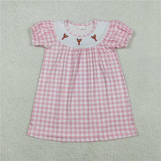 12.17 RTS NO MOQ （In stock）GSD2853 Embroidery Crayfishes Baby Girls Pink Checked Knee Length Dresses
