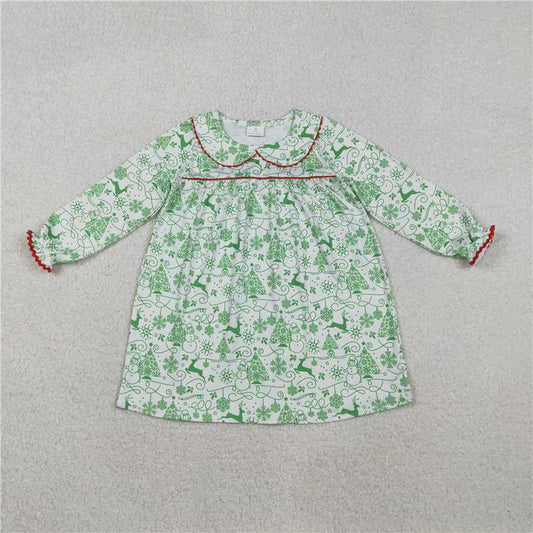 11.19 RTS NO MOQ （In stock）GLD1345 Baby Girls Green Deer Snowmen Christmas Knee Length Dresses