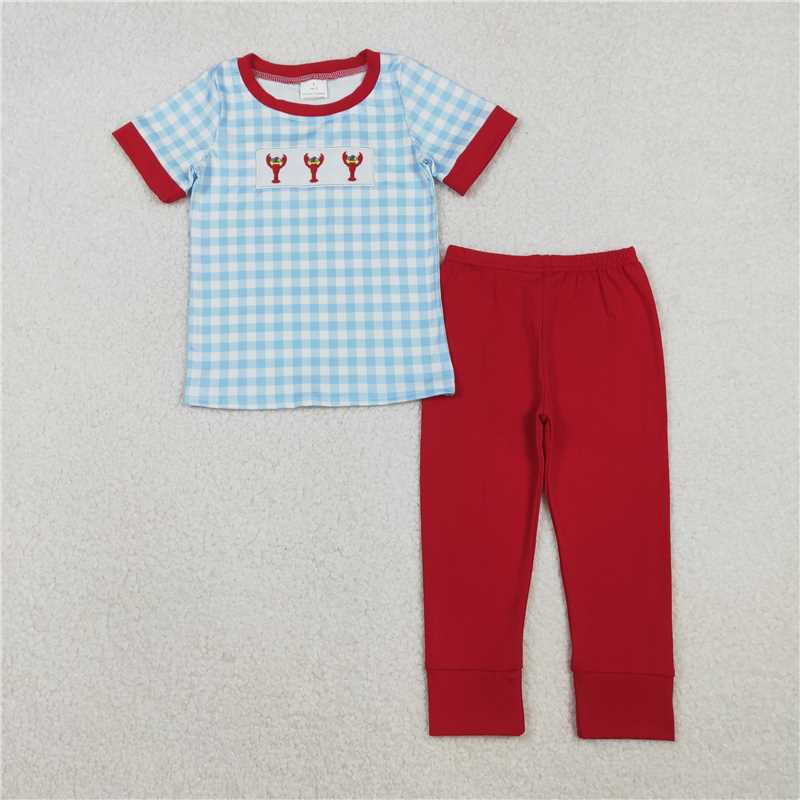12.19 RTS NO MOQ （In stock）BSPO0602 Embroidery Anchors Crayfishes Baby Boys Checked Leggings Mardigras Clothes Sets