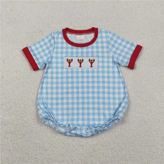 12.19 RTS NO MOQ （In stock）SR3257 Embroidery Anchor Crayfishes Baby Boys Blue Checked Mardigras Rompers