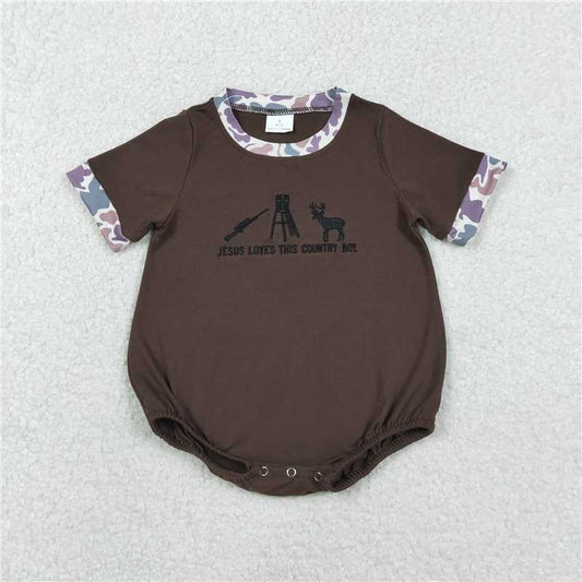 12.27 RTS NO MOQ （In stock）Matching SR3280 Embroidery Jesus Love Me Deer Baby Boys Hunting Rompers