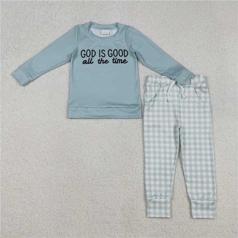 12.18 RST Sibling Baby Girls God is Good Top Pockets Checked Legging Pants Clothes Sets