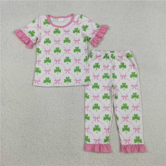12.20 RTS NO MOQ （In stock）GSPO1838 Baby Girls Bows Clovers Checked Top Ruffle Pants St Patrick Pajamas Sets