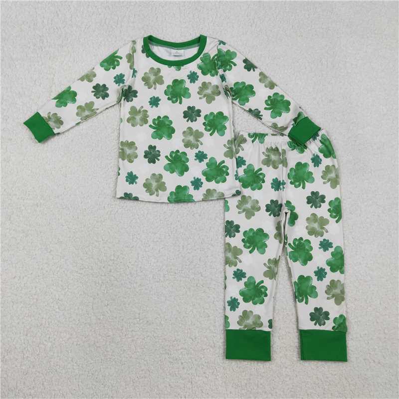12.13 RTS NO MOQ （In stock）Matching St Patrick GLP2988 Baby Girls Green Clovers Top Pant St Patrick Pajamas Sets