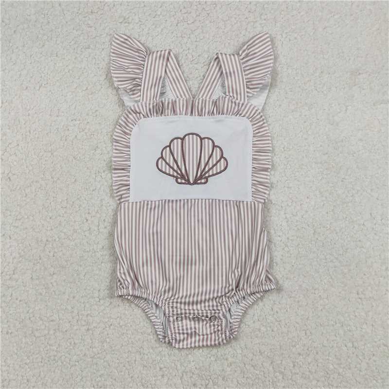 12.26 RTS NO MOQ （In stock）Matching SR3396 Embroidery Stripe Shells Baby Girls Flutter Sleeve Ruffle Rompers