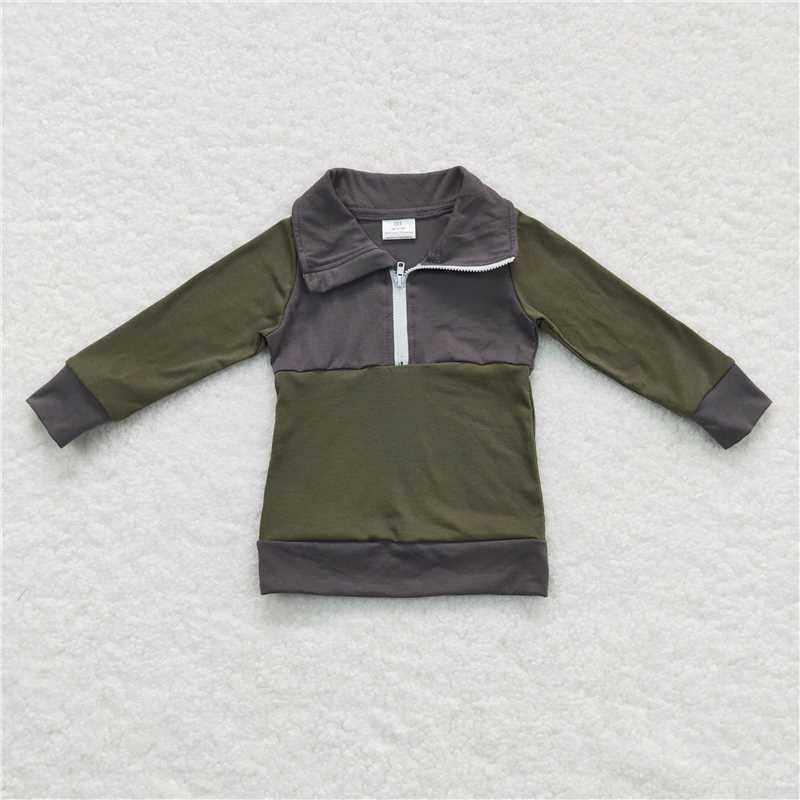 10.14 RTS NO MOQ （In stock）G2-16-5//, Baby Boys Long Sleeve Top Dark green long-sleeved top with zipper collar
