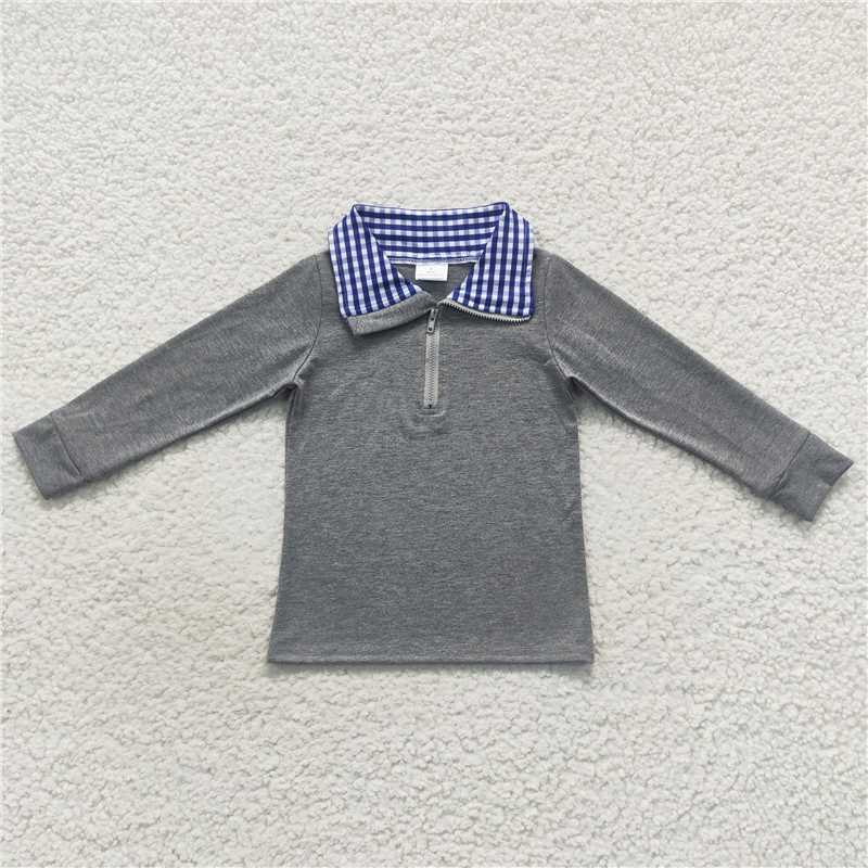 BT0282 BT0285 BT0283  Grey plaid zip-up collar long-sleeved pullover top