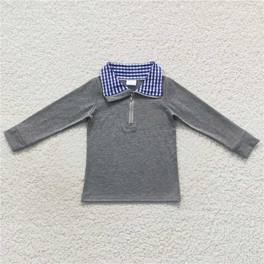 BT0285 Baby Boys Blue Checkered Long Sleeve Pullover Tee Shirt Top