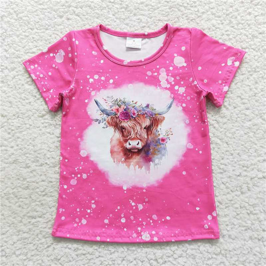 GT0212  Pink floral highland cow short sleeves baby girls shirt