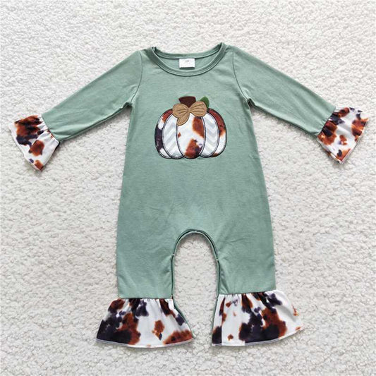 LR0464Cow print pumpkin ruffle baby girls fall romper