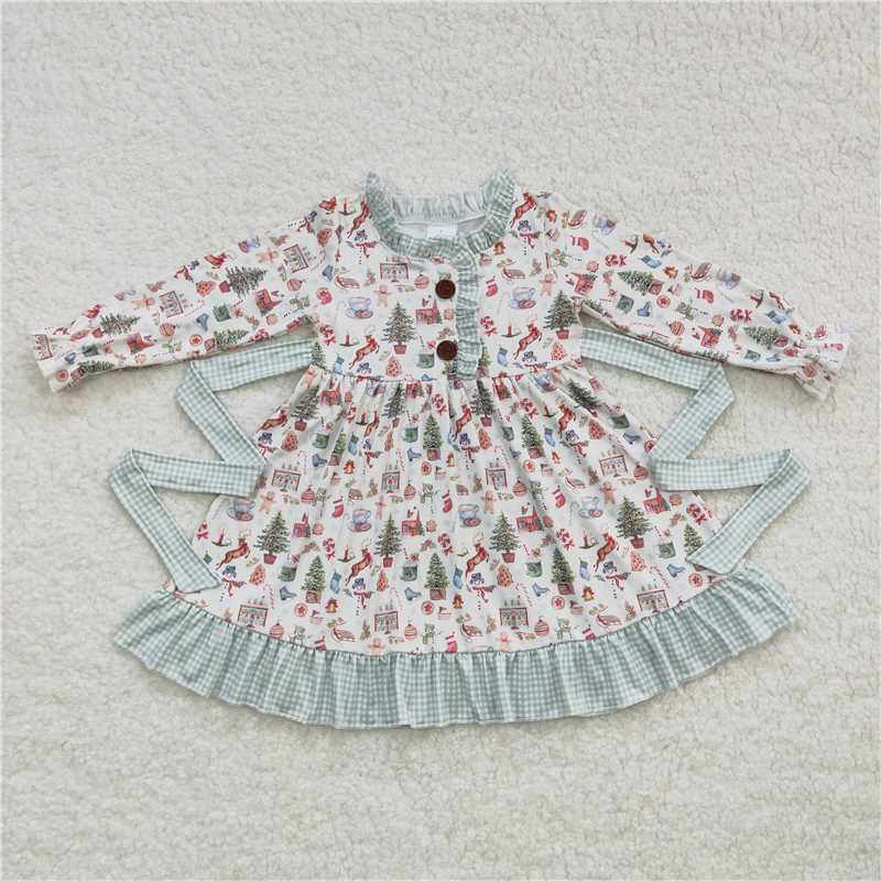 11.25 RTS NO MOQ （In stock）GLD0325 Baby Girls Christmas Present Belt Ruffle Knee Length Dresses