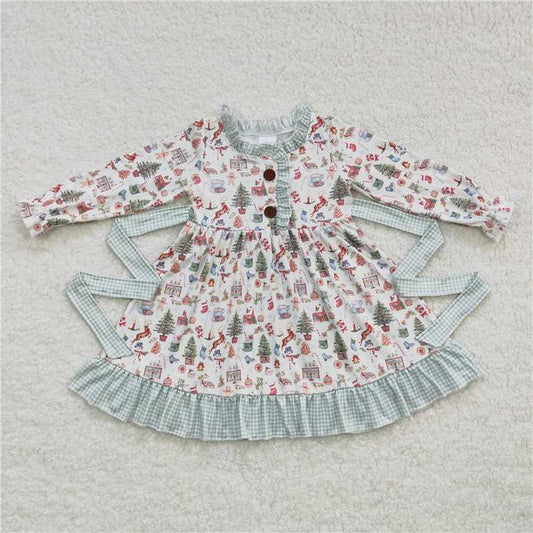11.25 RTS NO MOQ （In stock）GLD0325 Baby Girls Christmas Present Belt Ruffle Knee Length Dresses