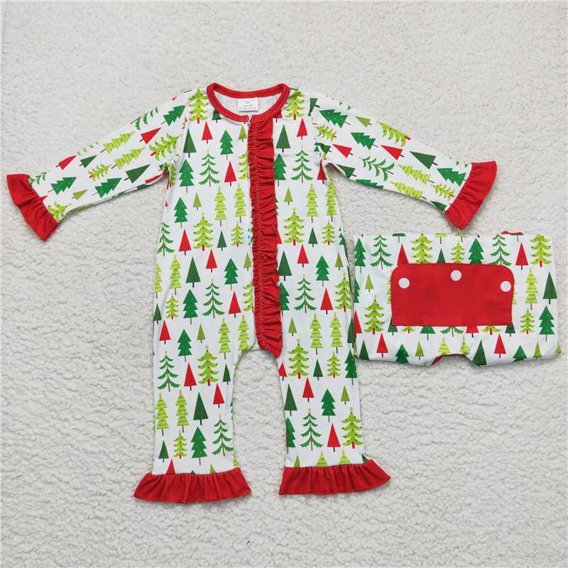 12.3 RTS NO MOQ （In stock）Matching Christmas LR0626 Baby Infant Girls Christmas Tree Buttons Rompers