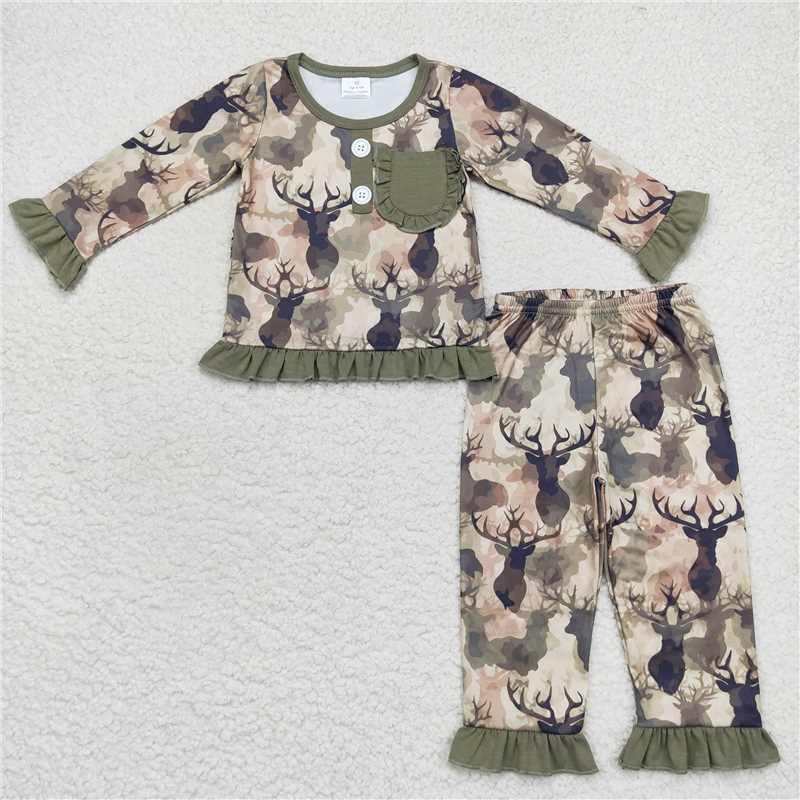 GLP0747Deer camo pocket ruffle long sleeves girls pajamas