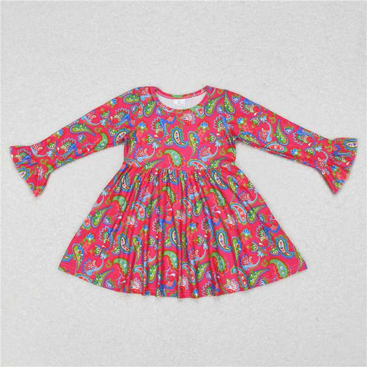 9.20 RTS NO MOQ（In stock）G6-11-1[ Baby Girls Winter Dress Colorful patterned rose red long-sleeved dress