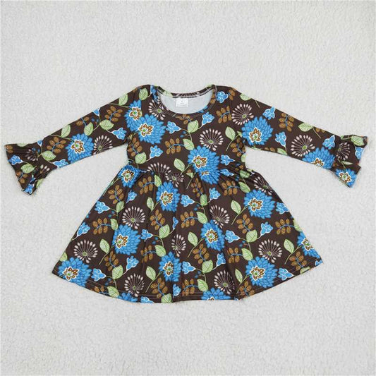 9.20 RTS NO MOQ（In stock）G6-11 Baby Girls Winter Dress Blue flower green leaf brown long sleeve dress
