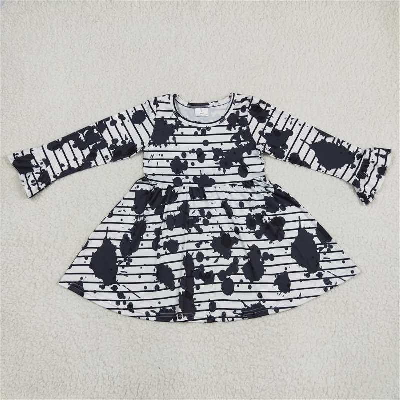 9.20 RTS NO MOQ（In stock）G6-11, Baby Girls Winter Dress Black patch striped long-sleeved dress