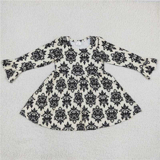 9.22 RTS NO MOQ（In stock）G6-11. Baby Girls Winter Dress Black pattern light yellow long-sleeved dress