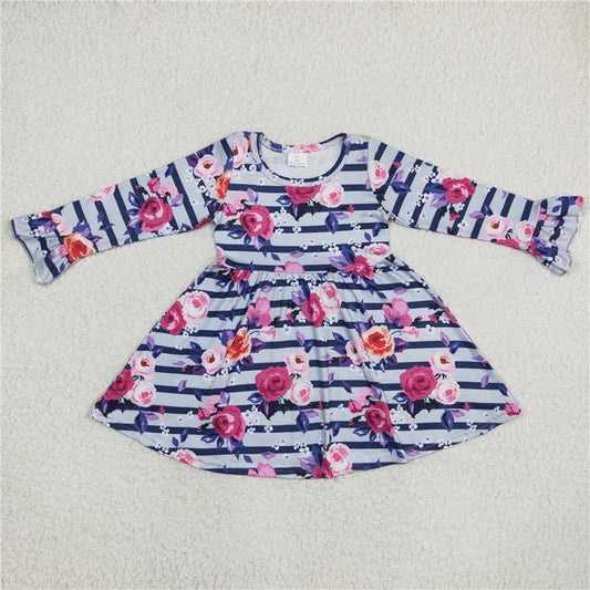 9.20 RTS NO MOQ（In stock）G6-11' Baby Girls Winter Dress Pink Flower Purple Leaf Striped Long Sleeve Dress