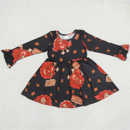9.19 RTS NO MOQ（In stock）G6-11[ Baby Girls Winter Dress Turkey Paw Print Black Long Sleeve Dress