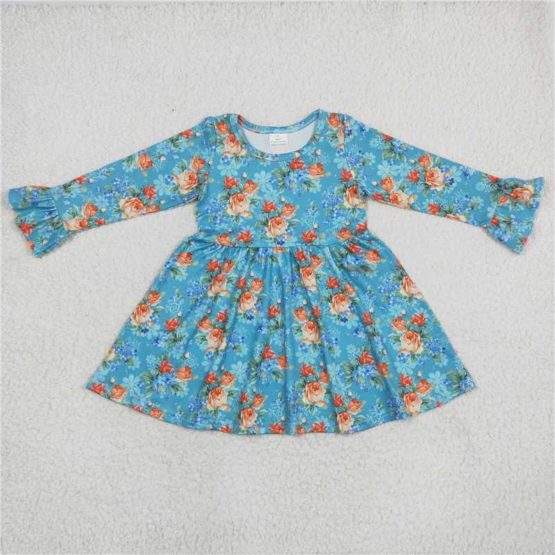 9.22 RTS NO MOQ（In stock）G6-6-7, Baby Girls Winter Dress Orange floral blue long-sleeved dress