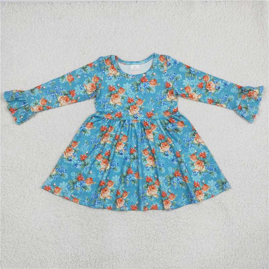 9.22 RTS NO MOQ（In stock）G6-6-7, Baby Girls Winter Dress Orange floral blue long-sleeved dress