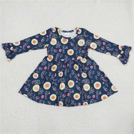 9.19 RTS NO MOQ（In stock）G6-6-7[ Baby Girls Winter Dress Yellow flower navy blue long sleeve dress