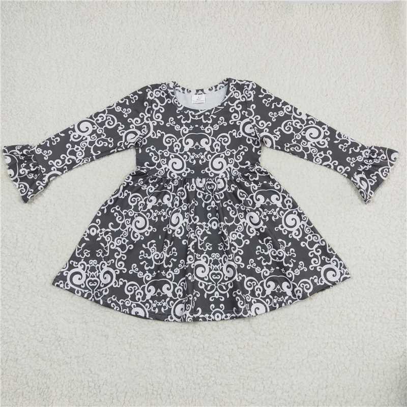9.22 RTS NO MOQ（In stock）G6-6-7] Baby Girls Winter Dress White pattern dark green long-sleeved skirt
