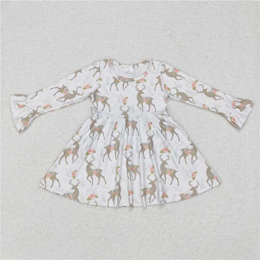 9.23 RTS NO MOQ（In stock）G6-6-6; Baby Girls Winter Dress White long-sleeved dress with fawn flowers