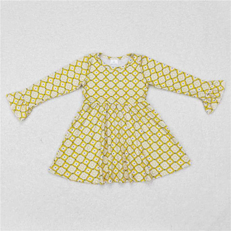 9.25 RTS NO MOQ（In stock）G6-6-6[ Baby Girls Winter Dress Yellow and white patterned long-sleeved dress