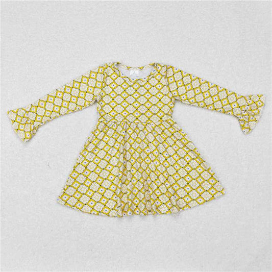 9.25 RTS NO MOQ（In stock）G6-6-6[ Baby Girls Winter Dress Yellow and white patterned long-sleeved dress